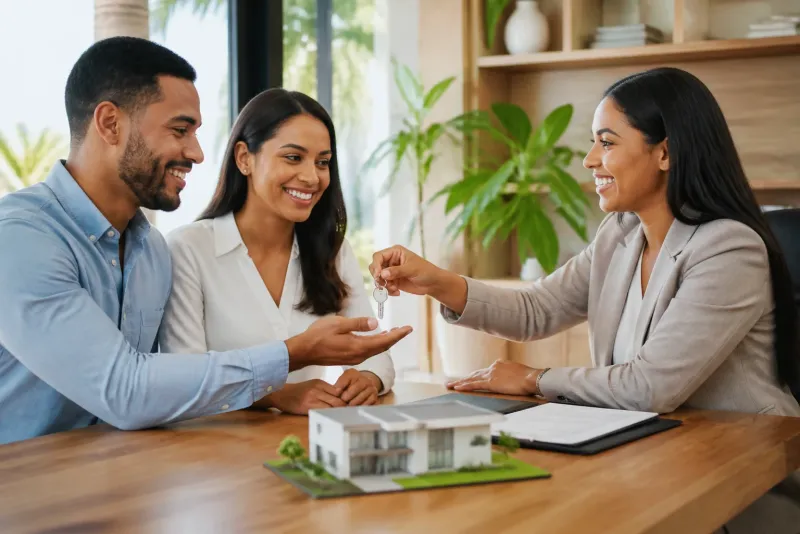 Agente inmobiliaria entregando las llaves de una casa a una pareja