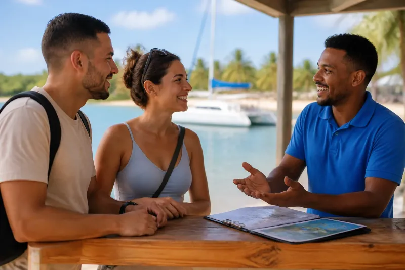 Guía turístico conversando con unos turistas en un puesto de tours junto al mar